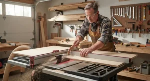 Making a precise plywood rip cut using a budget aftermarket fence for hobbyist woodworkers in a garage wood shop.