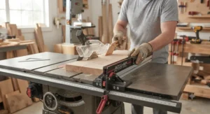 Making a smooth, clean rip cut in hardwood using a saw equipped with a precision fence upgrade for accurate rip cuts.