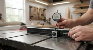 Checking fence parallelism with a digital dial indicator on a budget aftermarket fence for hobbyist woodworkers.