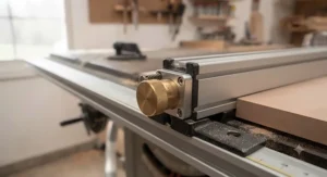 Detailed shot of a micro-adjuster knob on a precision table saw fence for making fine cuts in a small shop.