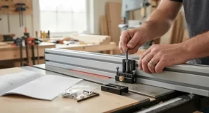 Step-by-step installation of a low-cost micro adjustment fence accessory on a standard woodworking fence.