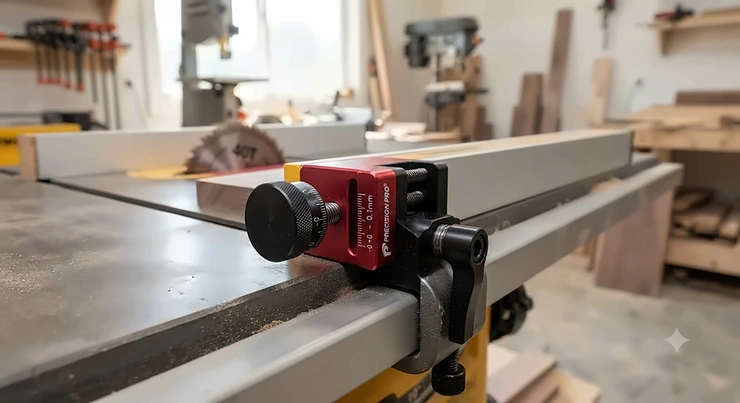 A close-up view of a micro adjustment fence accessory installed on a table saw, available for under $50.