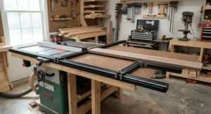 Modular fence extension rails configured to provide outfeed table support in a small home workshop