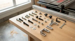 Various mounting hardware used to attach fence extension rails to a table saw outfeed support