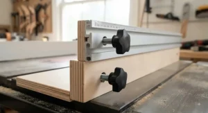 Detail view of T-bolts and knobs securing an auxiliary t-track fence system to a table saw jig.