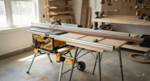 A portable contractor table saw setup utilizing fence extension rails for extended outfeed support