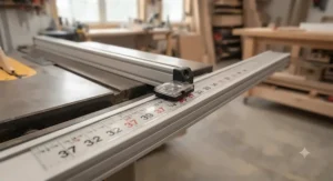 Close-up of the easy-to-read adhesive measuring tape on a table saw fence extension rail kit set for accurate wide cuts.