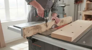 Woodworker removing a heavily used and worn sacrificial fence board from a table saw to install a fresh one.