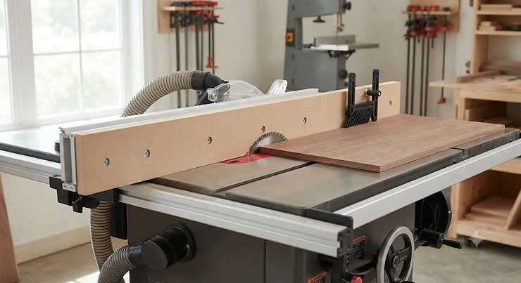 A table saw equipped with a wooden sacrificial fence board attached to the rip fence for clean, splinter-free cuts. sacrificial fence boards for table saws