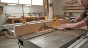 Close-up view of a dado blade cutting through a sacrificial fence safely on a table saw