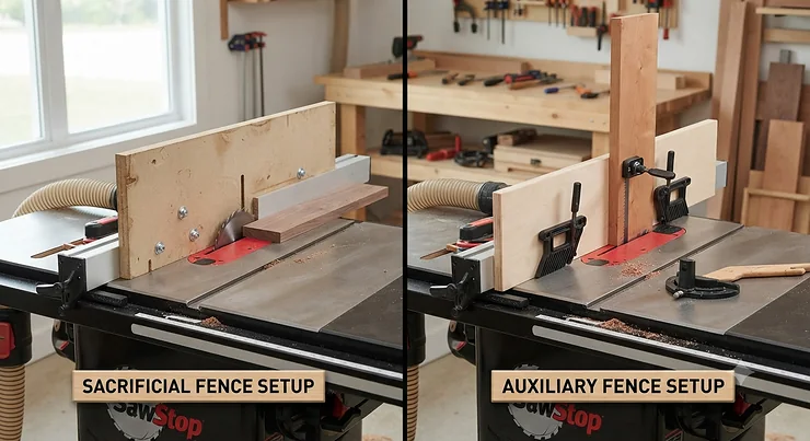 Comparison of sacrificial fence versus auxiliary fence setups on a table saw for beginners . sacrificial fence vs auxiliary fence for beginners