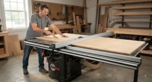 Woodworker safely feeding a large plywood panel across a table saw with fence extension rails for support