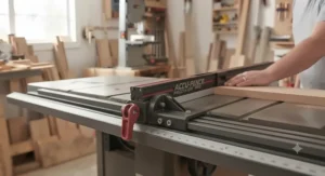Sturdy T-square guide rail system included with a precision fence upgrade for accurate rip cuts on a cabinet saw.