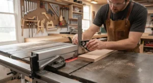 A carpenter checking the square alignment of a T-square style table saw fence upgrade using a combination square.