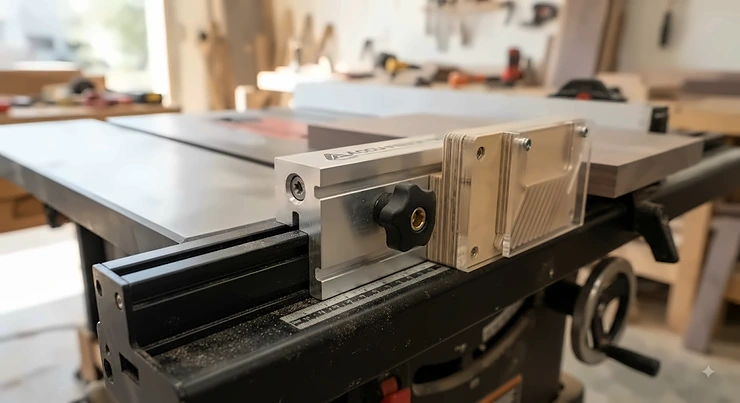 Close-up of a t-track accessory adapter mounted to a table saw fence for custom jigs t-track accessories for table saw fence upgrades