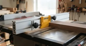 A t-track fence system securely holding a featherboard to prevent kickback during table saw jig use.