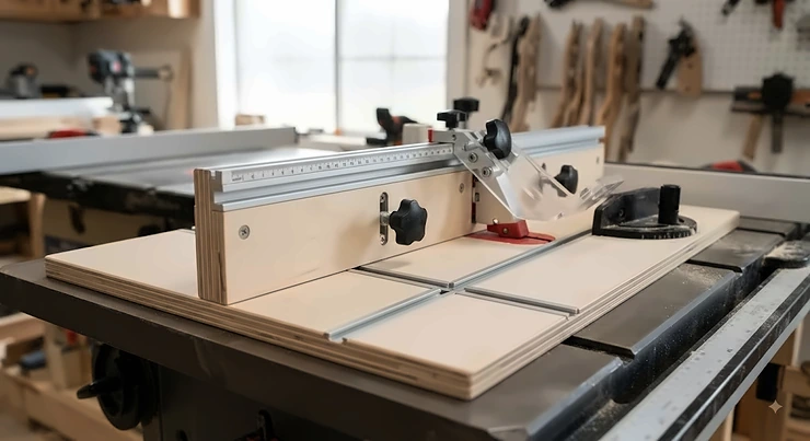 Close-up of a DIY t-track fence system mounted on a custom table saw jig for precision woodworking. t-track fence system for table saw jigs