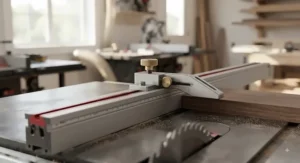 Precision t-track flip stop installed on a table saw fence accessory for repeatable cuts