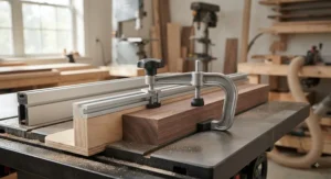 T-track hold-down clamp used with a table saw fence jig to secure workpieces safely
