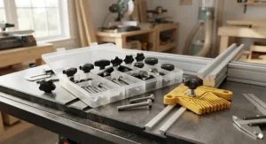 Set of ergonomic t-track knobs and T-bolts used for securing table saw fence accessories