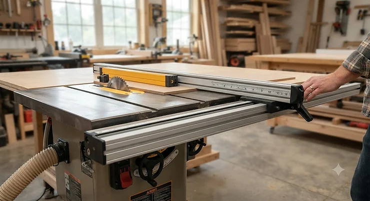 Close-up view of a table saw fence extension rail kit installed on a cabinet saw, showing smooth sliding mechanism for large panels.