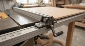 Detailed view of the cam-locking system on a table saw fence extension rail kit, demonstrating secure positioning for ripping large panels.