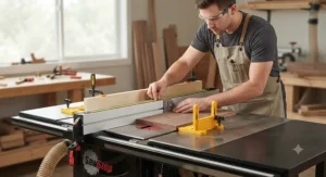 Beginner woodworker aligning a sacrificial fence and featherboards for safe cuts