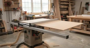 Wide shot of a professional workshop table saw upgraded with a fence extension rail kit to handle oversized sheet goods.