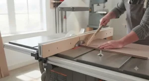 Close-up of a thin rip cut on a table saw supported safely by a flat wooden sacrificial fence board.