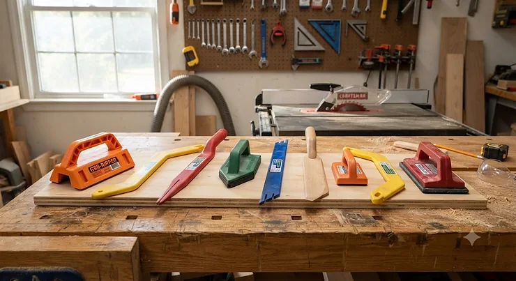 Top rated push sticks under $20 laid out on a workbench for woodworking safety.