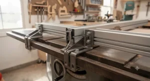 Universal mounting brackets and rails used to install a top rated fence system onto an older contractor saw.
