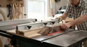 Operator using a t-track fence system on a taper jig to guide wood safely through a table saw blade.