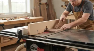 Woodworker using a wooden sacrificial fence on a table saw for zero clearance cuts