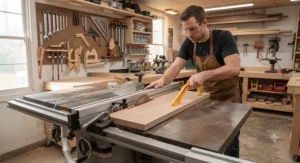 A woodworker safely making a rip cut using a professionally upgraded table saw fence in a compact hobby shop.