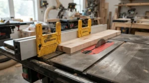 A dual adjustable featherboard for cabinet saw fence setup holding stock tightly against the rip fence.