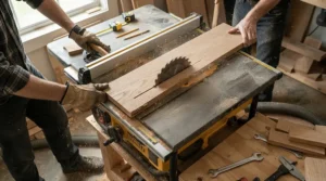 Overhead view of an adjustable featherboard for cabinet saw fence guiding wood smoothly past the saw blade.