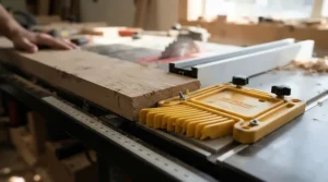 Close-up safety demonstration showing an adjustable featherboard for cabinet saw fence preventing kickback.
