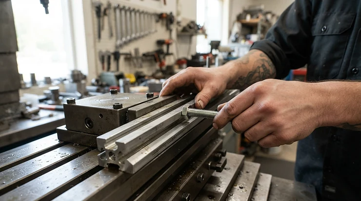 Installing an adjustable featherboard for cabinet saw fence into the T-track slot of the rip fence.