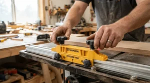 Woodworker adjusting the spring tension on an adjustable featherboard for cabinet saw fence before making a cut.