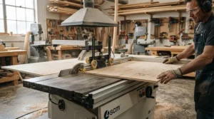 Using an adjustable featherboard for cabinet saw fence to apply downward pressure on wide plywood panels.