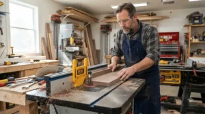 A dual-purpose adjustable featherboard for router table and table saw combo guiding stock past a spinning router bit.