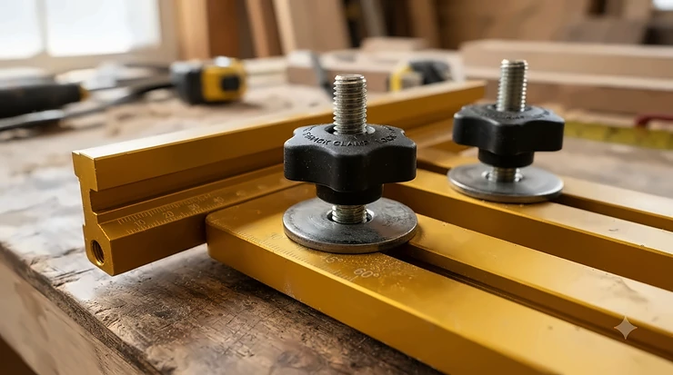 Detailed view of the hardware on an adjustable featherboard for router table and table saw combo showing expansion bolts.