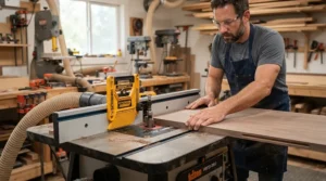 An adjustable featherboard for router table and table saw combo keeping wood stable during a complex edge-routing operation.