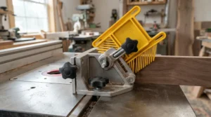 An adjustable featherboard for router table and table saw combo mounted at an angled position for specialized bevel cuts.