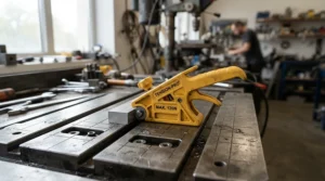 Demonstrating multi-machine compatibility with an adjustable featherboard for router table and table saw combo on a shaper station.