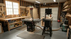 A shared shop setup showing an adjustable featherboard for router table and table saw combo ready for quick tool changes.