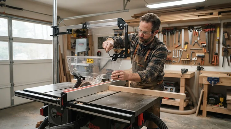Installing an affordable aftermarket blade guard under $150 on a workshop table saw to enhance safety.