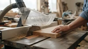 Demonstrating kickback protection with an aftermarket blade guard under $150 during a rip cut.