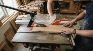 High visibility through a clear aftermarket blade guard under $150 on a garage workshop saw.