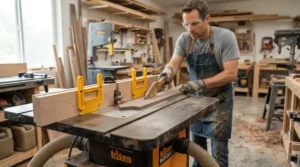 Demonstrating dual-axis pressure with a dual featherboard kit for narrow stock on a router table.